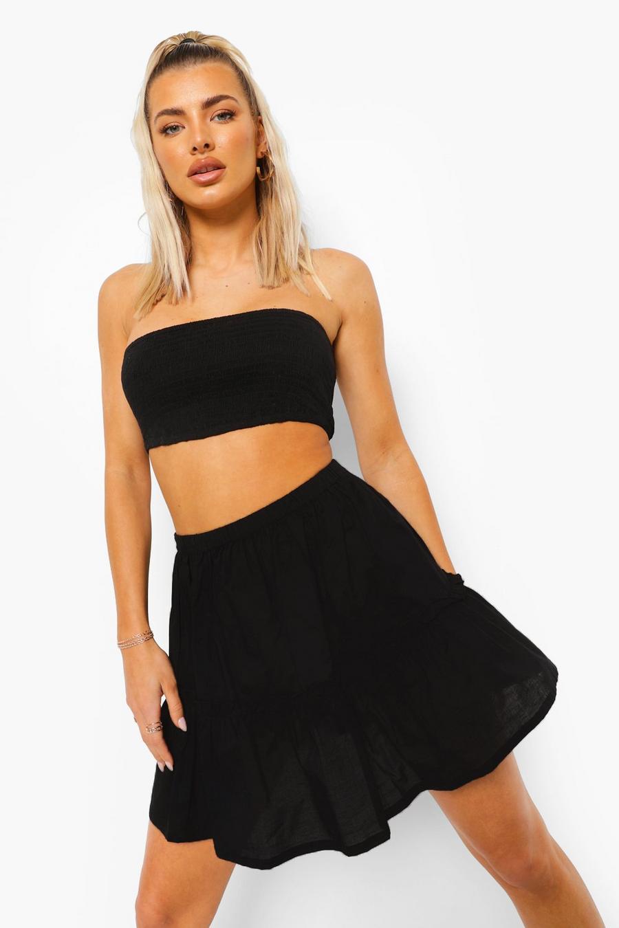 Black Shirred Bandeau And Crop Beach Co-ord image number 1