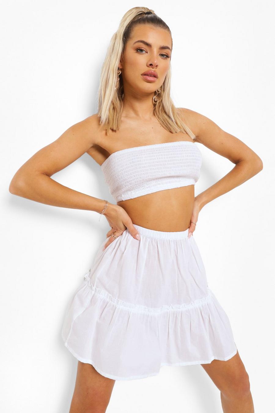 White Shirred Bandeau And Crop Beach Co-ord image number 1