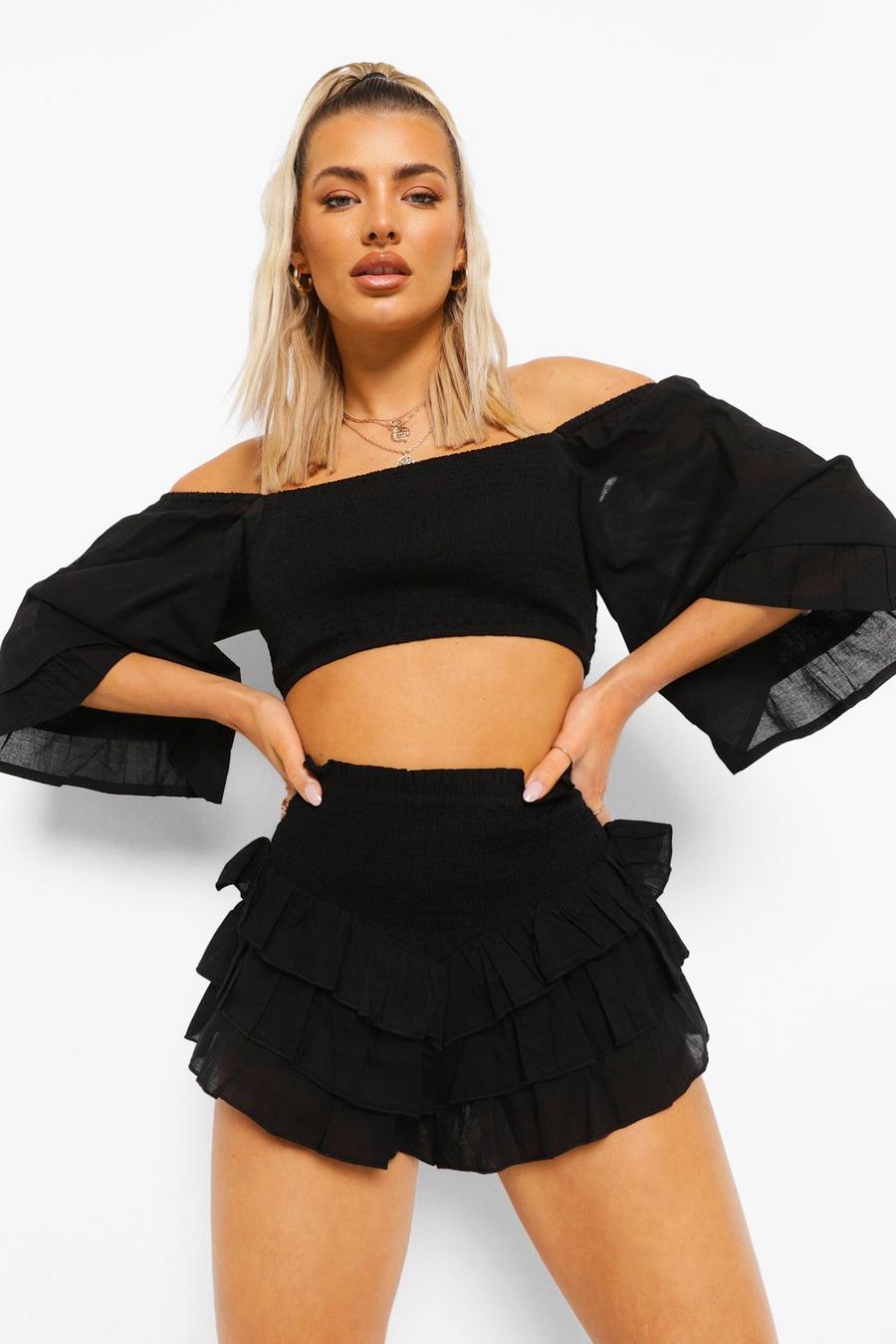 Black Ruffle Detail Short Co-ord image number 1