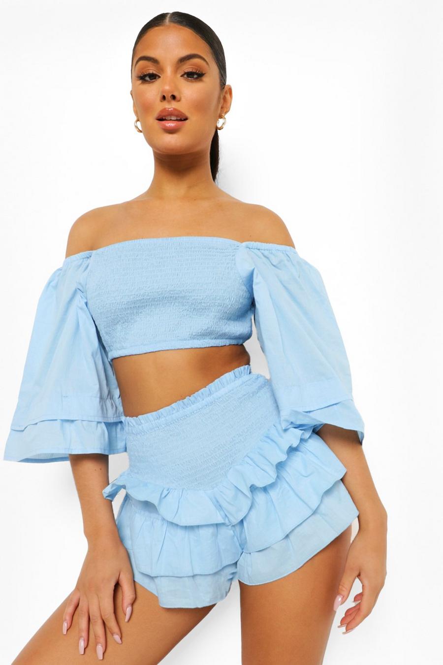 Blue Ruffle Detail Short Co-ord image number 1