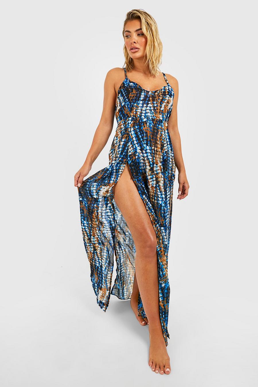 Blue Tie Dye Strappy Split  Beach Maxi Dress image number 1
