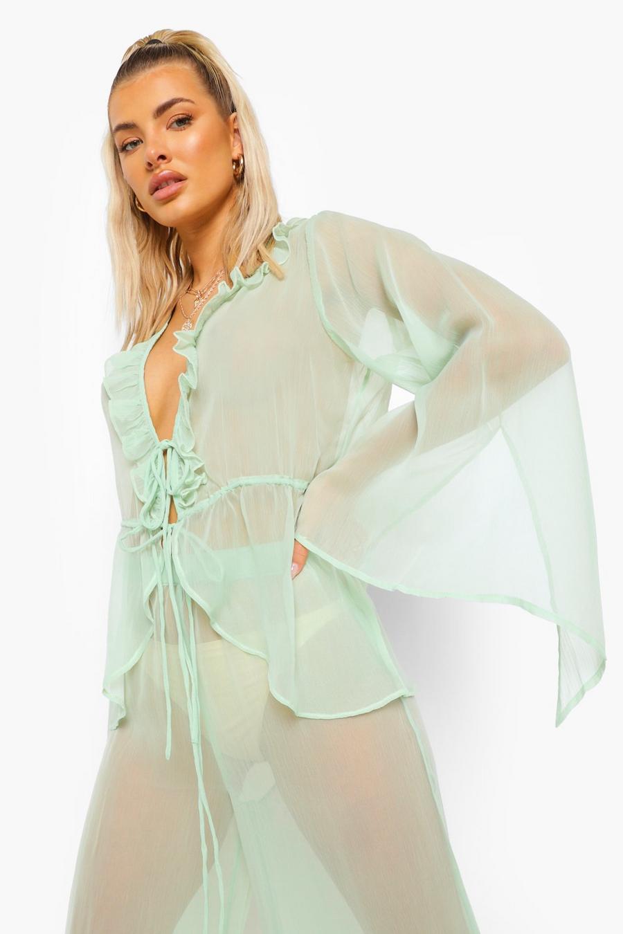 Mint Chiffon Beach Shirt With Split Sleeves image number 1