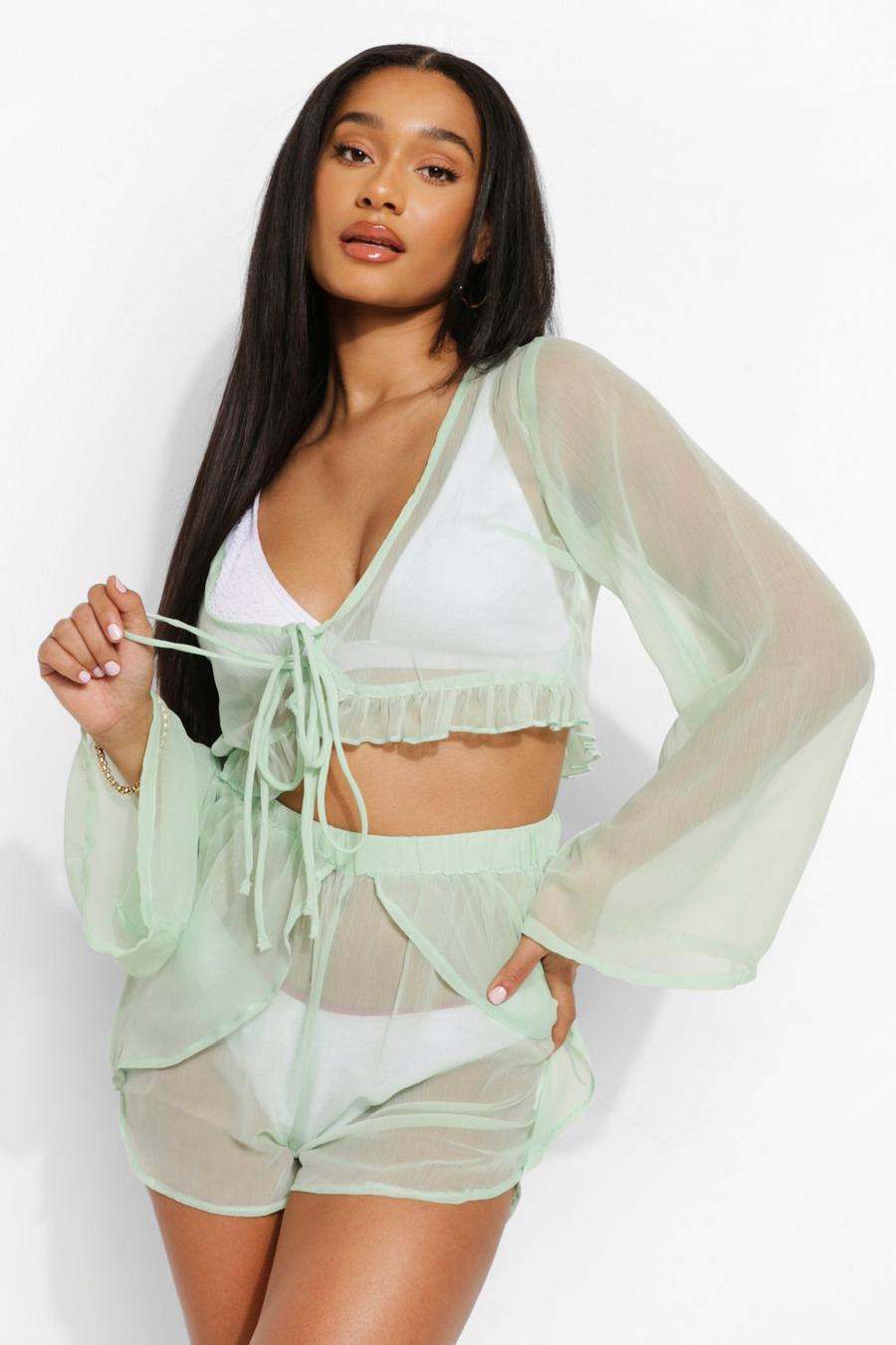 Mint Chiffon Beach Top With Frill Hem Detail image number 1
