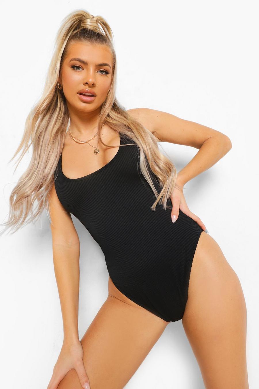 Black Ribbed Scoop Swimsuit image number 1