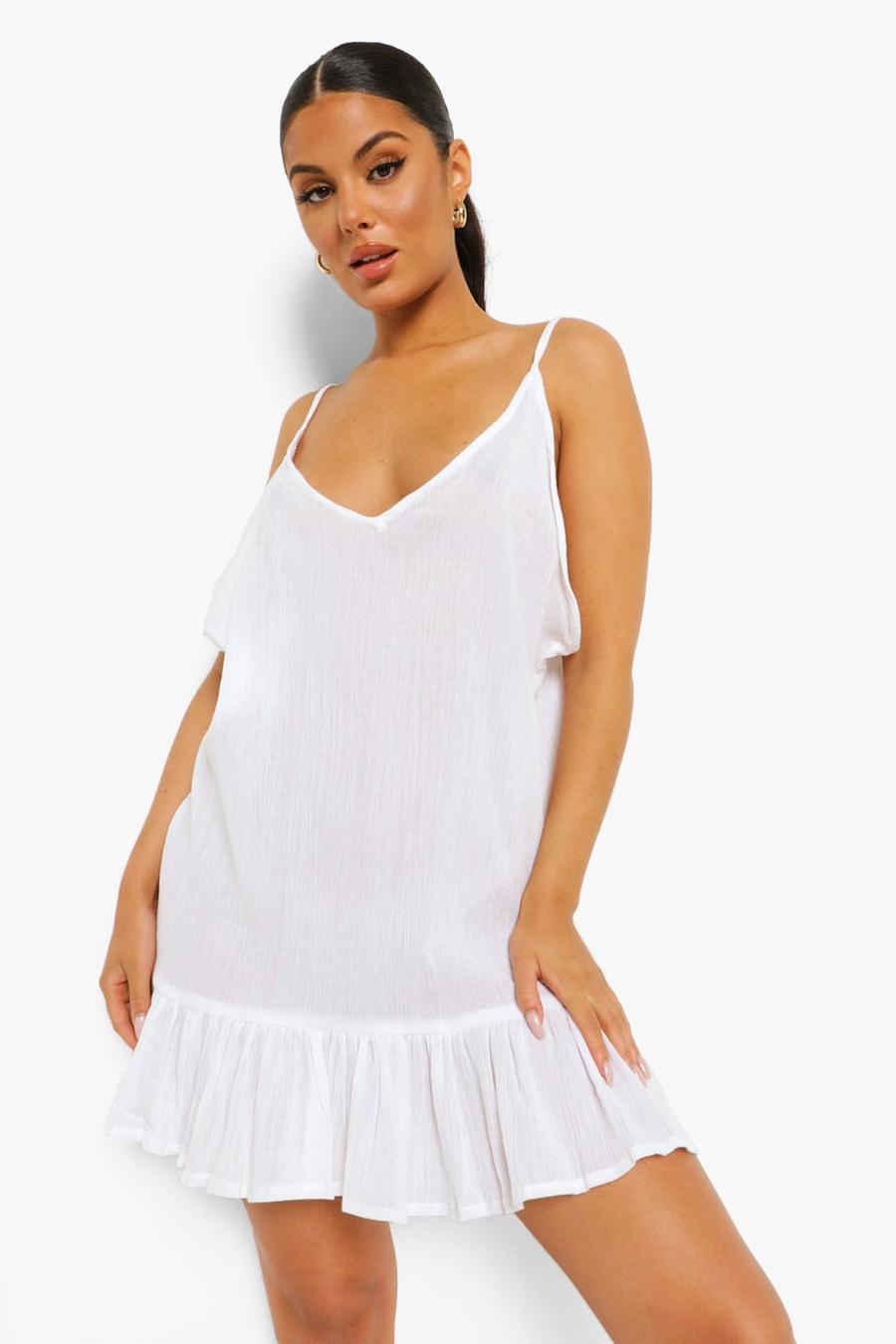 White Crinkle Strappy Beach Dress image number 1