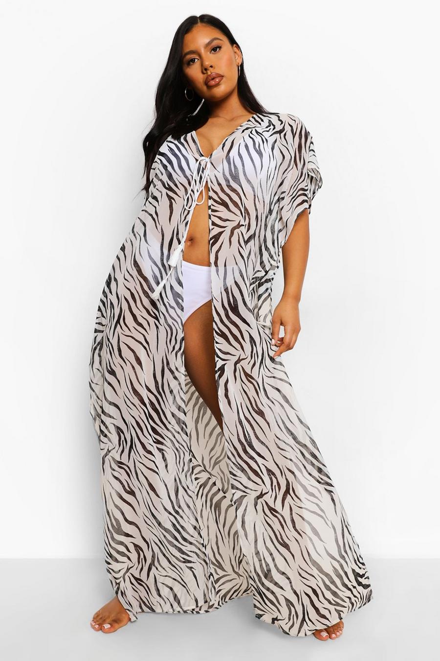 Maxi-Kimono für den Strand aus Chiffon mit Zebra-Print, Schwarzweiß image number 1