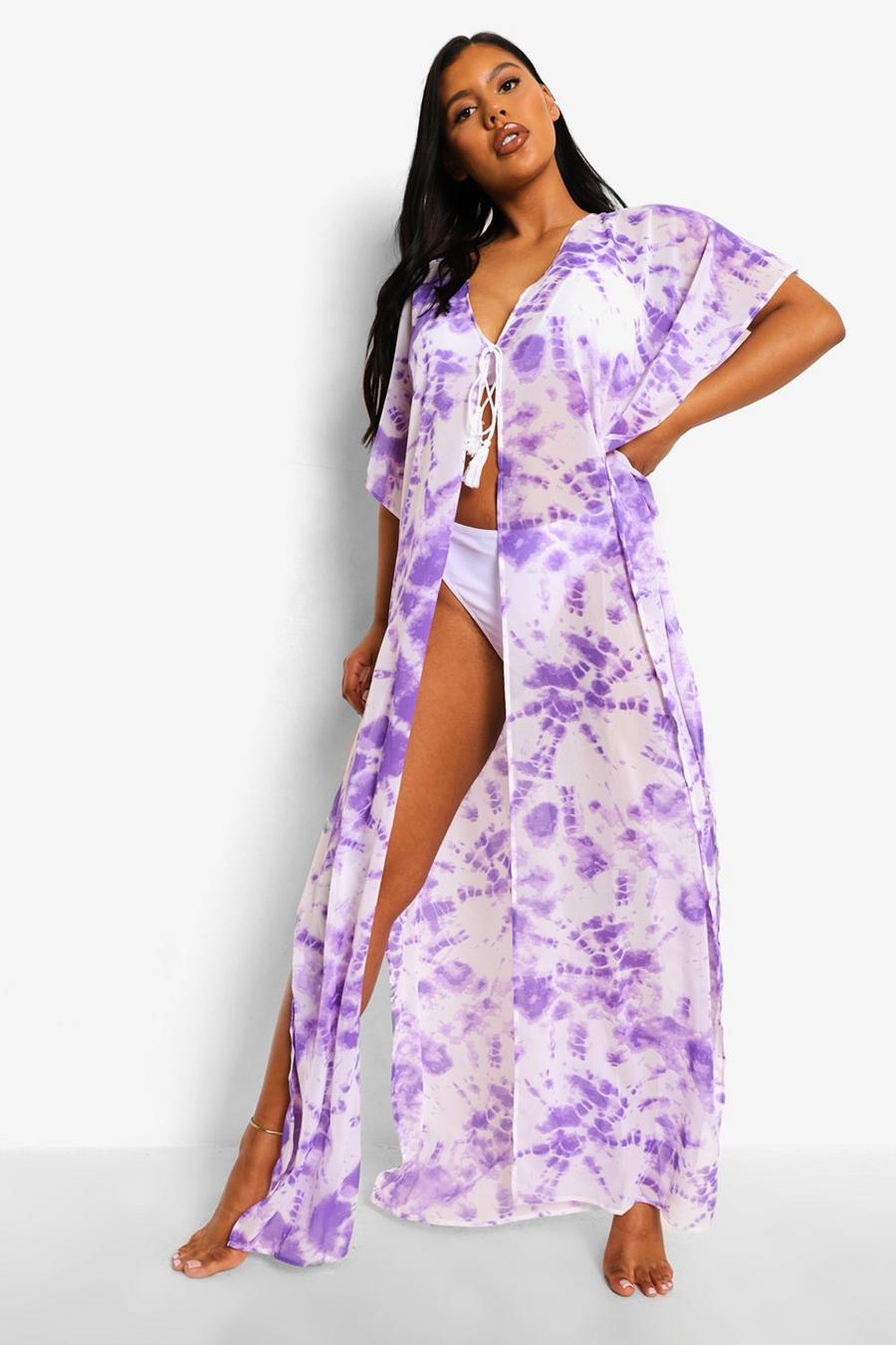 Lilac Tie Dye Chiffon Maxi Strand Kimono image number 1