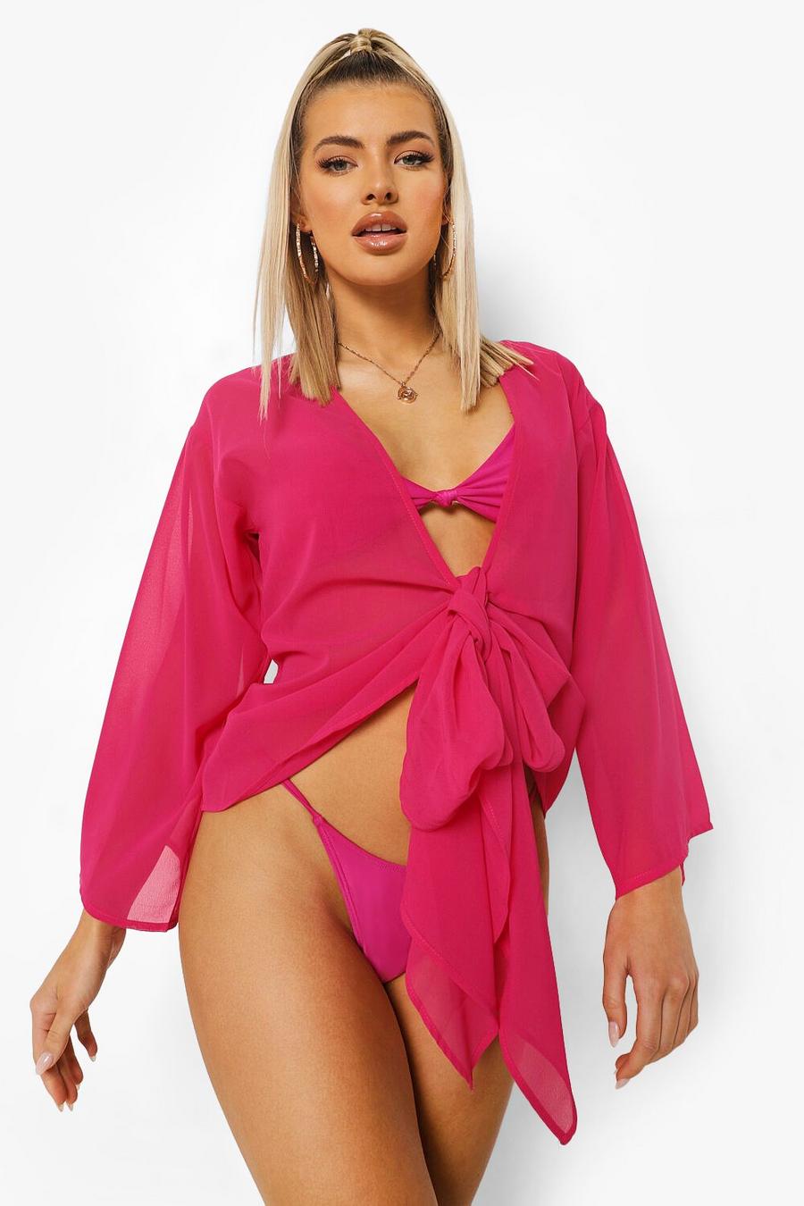 Bright pink Chiffon Tie Front Beach Top image number 1