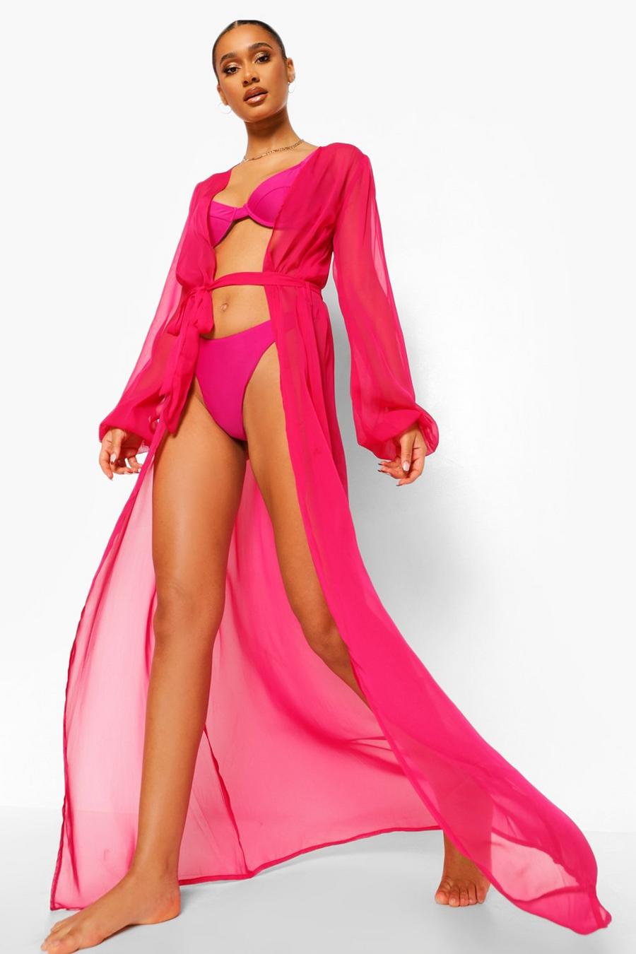 Bright pink Essentials Chiffon Maxi Beach Kimono
