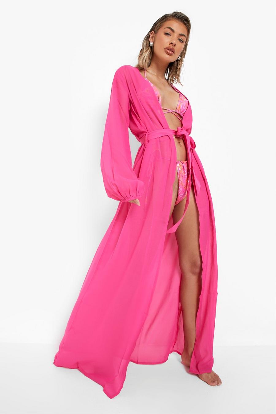 Fuchsia pink Essentials Chiffon Maxi Beach Kimono
