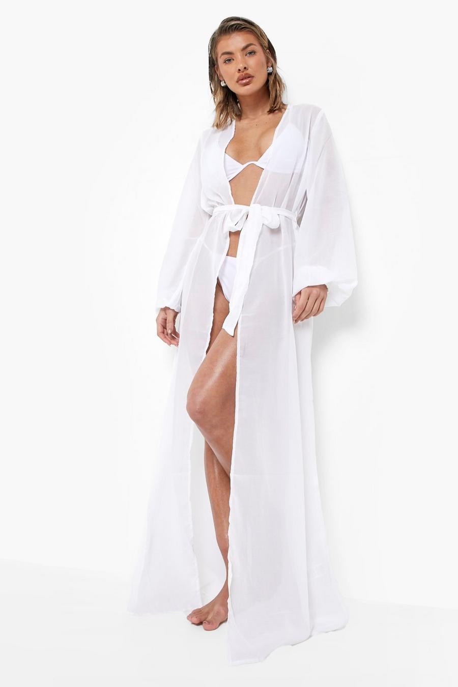 White Essentials Chiffon Maxi Beach Kimono