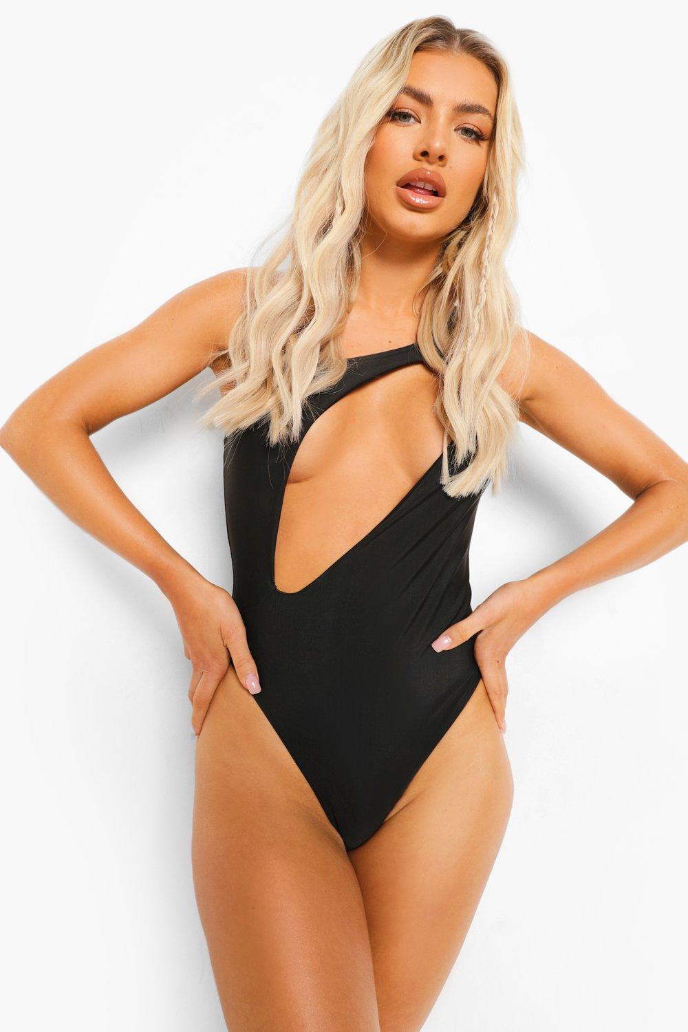 Black one shoulder cut out swimsuit online