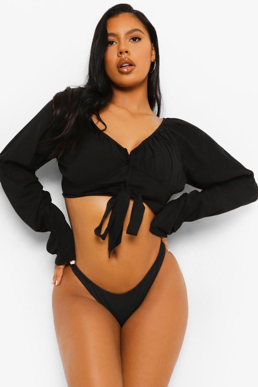 Black Button Through Beach Co-ord Top image number 1
