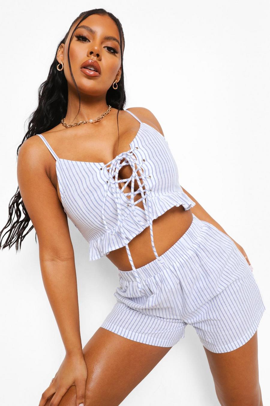 Light stone Striped Lace Up Beach Top And Shorts Co-ord image number 1