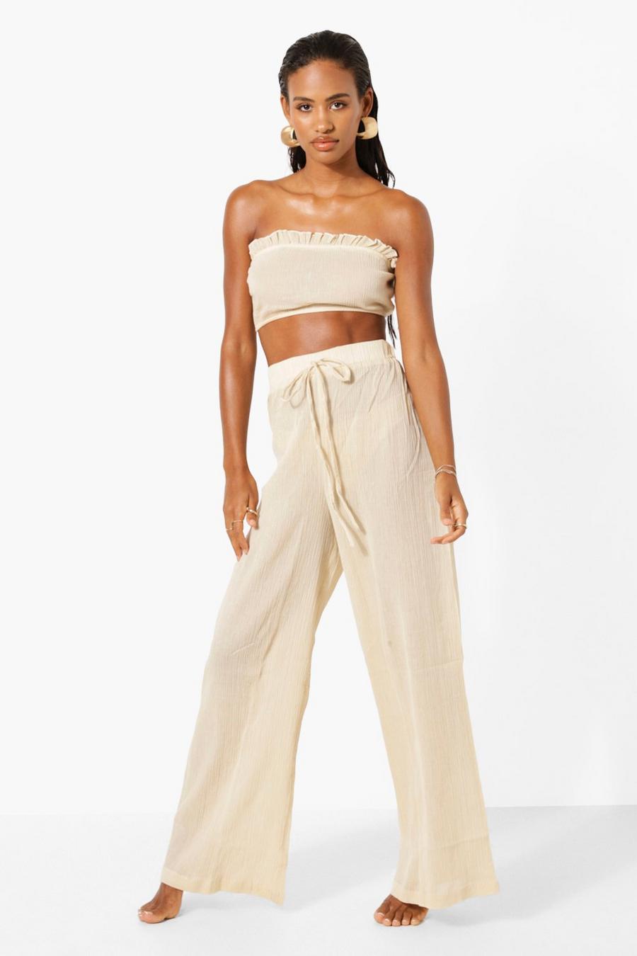 Sand Crinkle Cotton Bandeau Frill Two-Piece Top image number 1