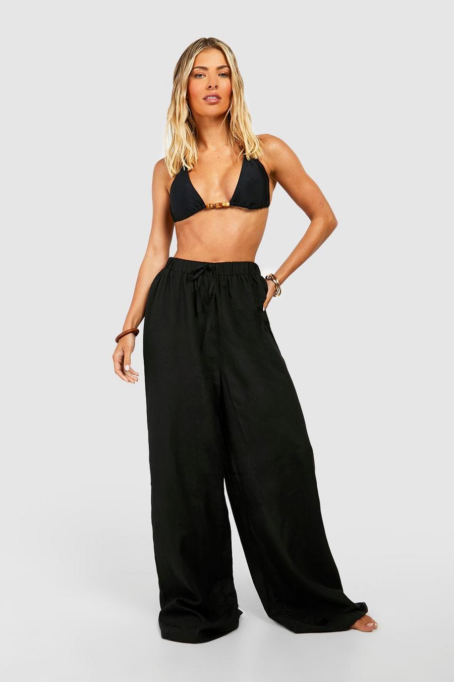 Black Essentials Linen Look Beach Trousers image number 1