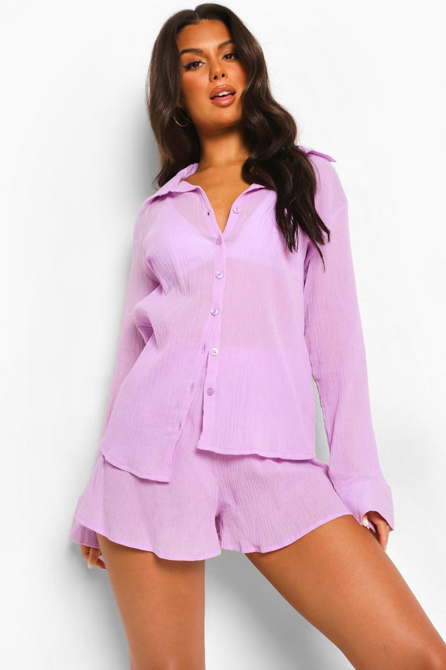 Lilac Crinkle Cotton Beach Shirt Co-ord Set image number 1