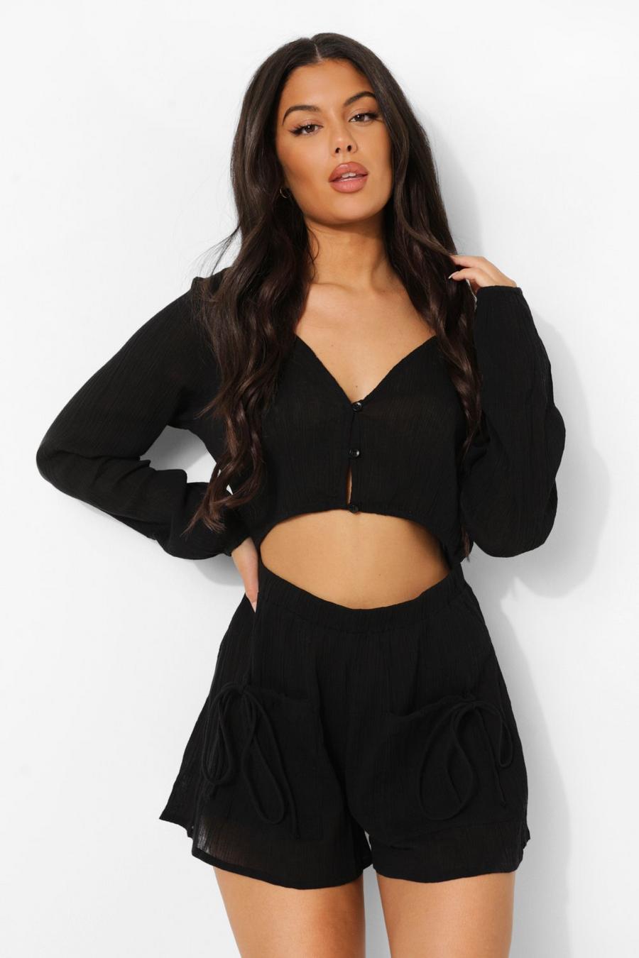 Black Crinkle Cotton Beach Button Detail Playsuit image number 1