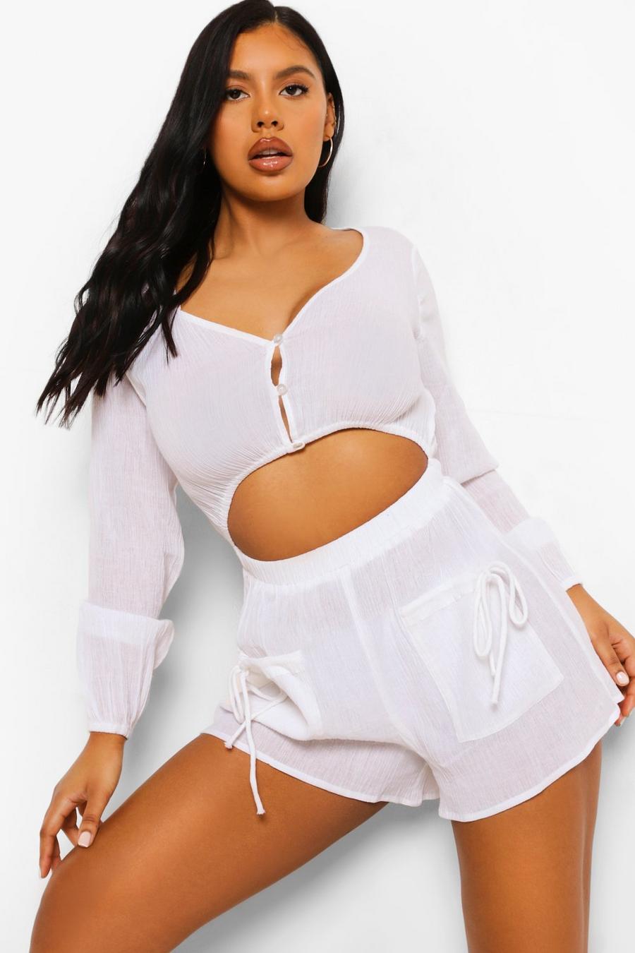 White Crinkle Cotton Beach Button Detail Romper image number 1