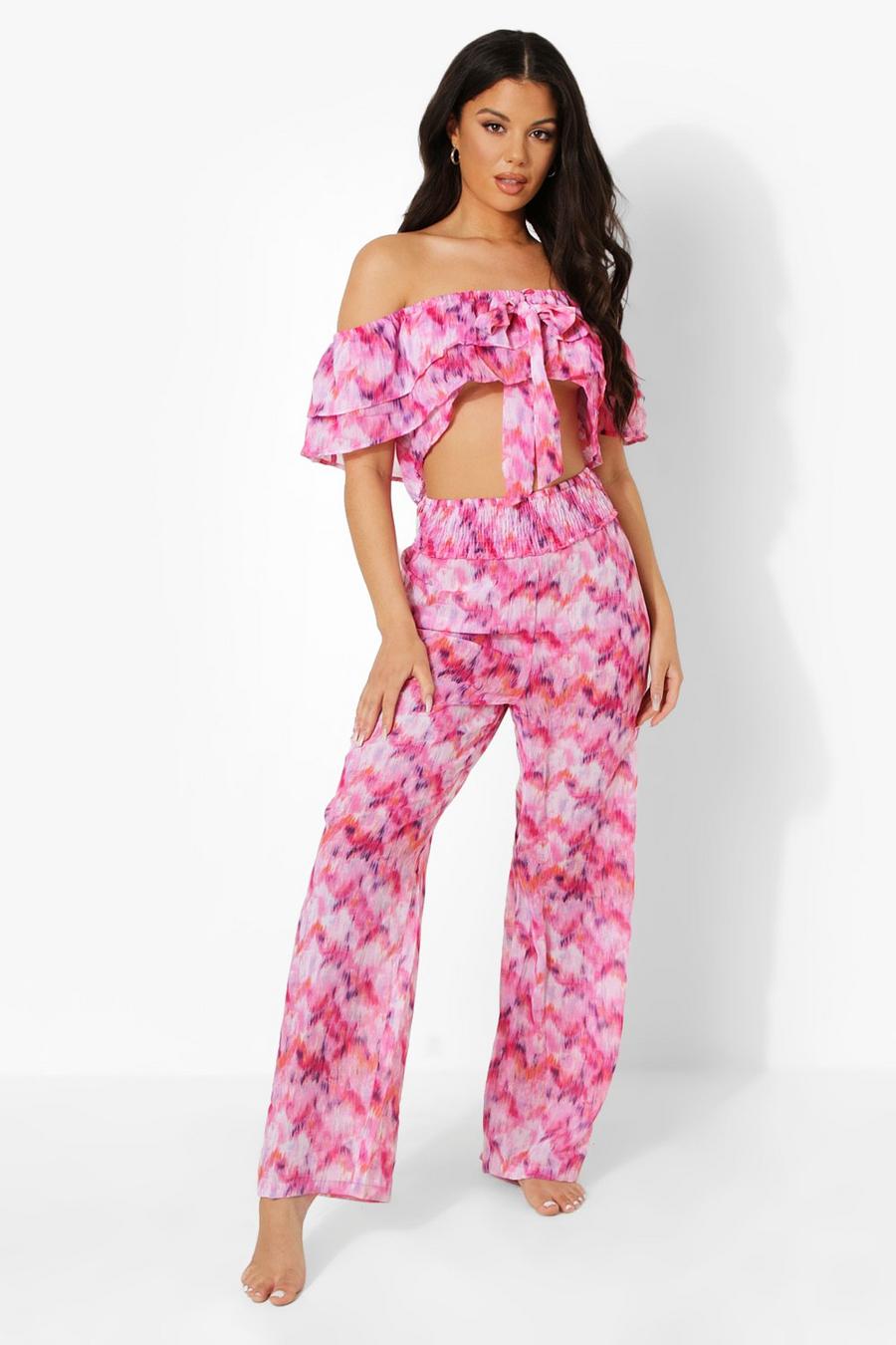 Pink Printed Chiffon Beach Trousers Co-ord Set image number 1