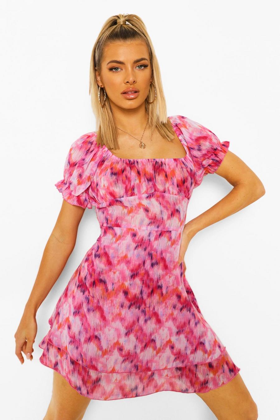 Pink Printed Chiffon Off The Shoulder Layered Beach Dress image number 1