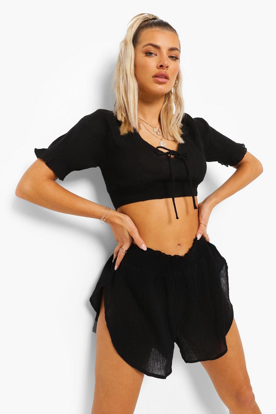 Black Crinkle Cotton Beach Top & Shorts Co-ord Set image number 1