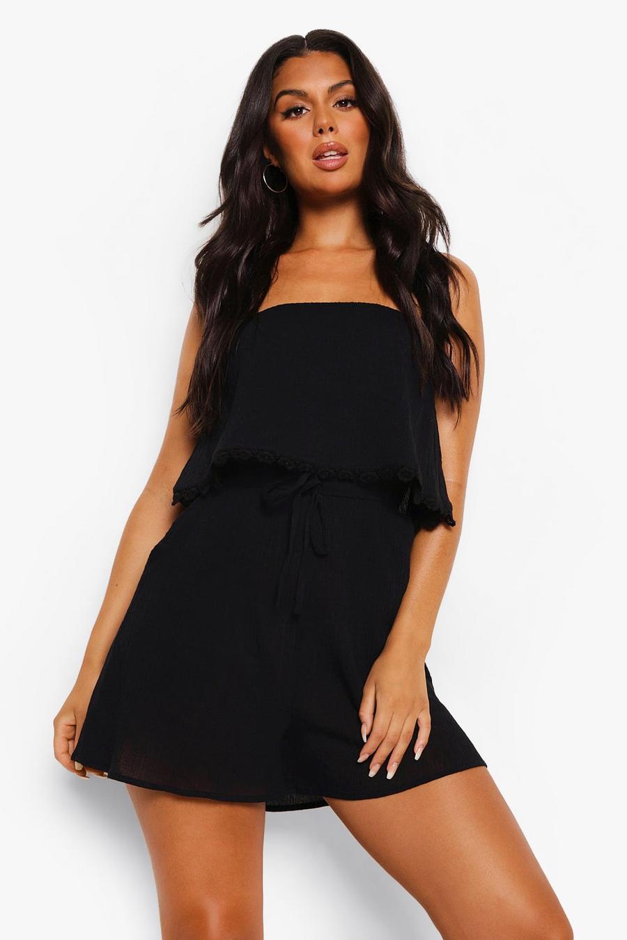 Black Crinkle Cotton Over Layer Beach Playsuit image number 1