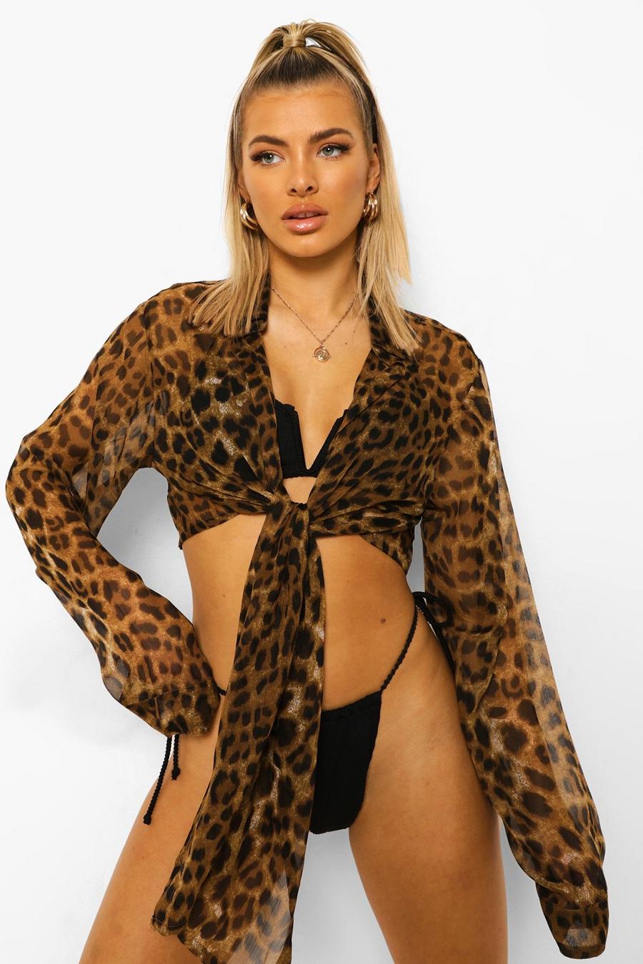 Camisa de chifón para la playa con atadura frontal y estampado de leopardo, Leopard image number 1