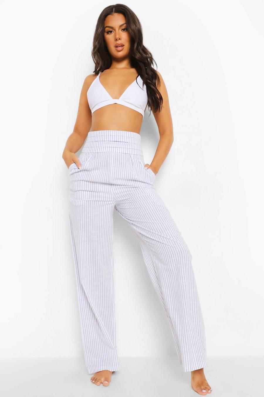 Light stone Striped Linen Pleated Wide Leg Beach Pants image number 1