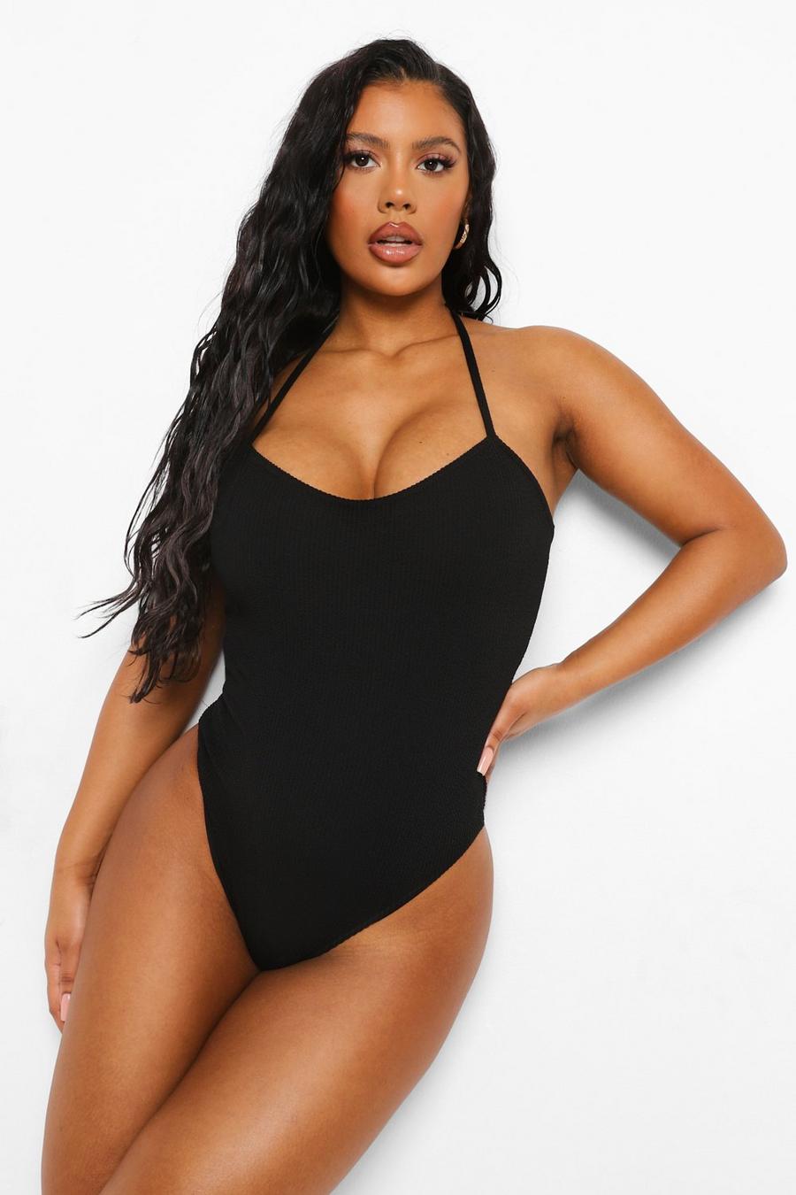 Black Tall Crinkle Halter Swimsuit image number 1