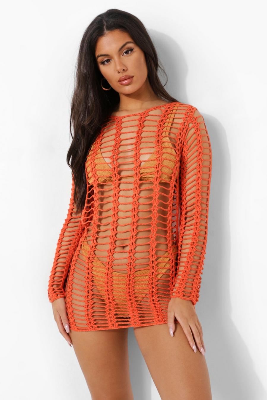 Orange Crochet Beach Mini Dress image number 1