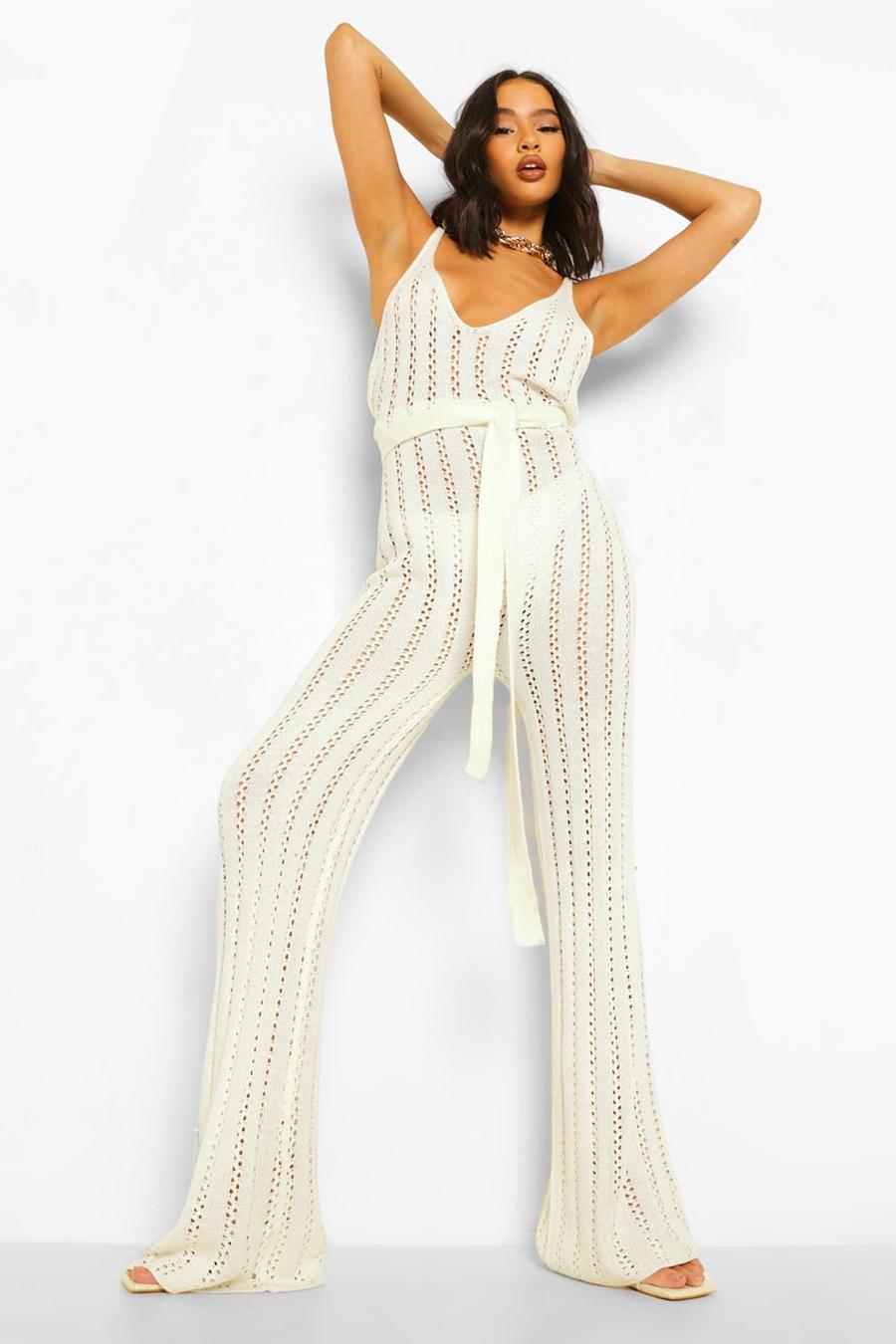 White Knitted Tie Waist Beach Jumpsuit image number 1