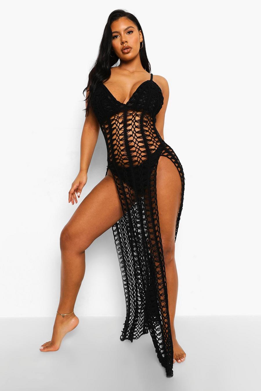 Black Crochet Split Leg Beach Maxi Dress image number 1