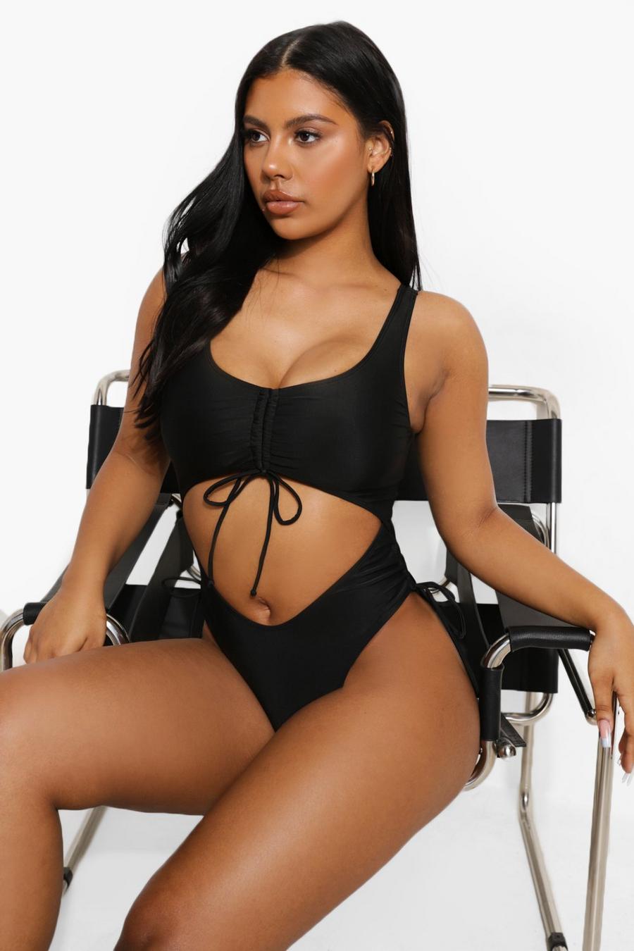Black Ruched Cut Out Swimsuit image number 1