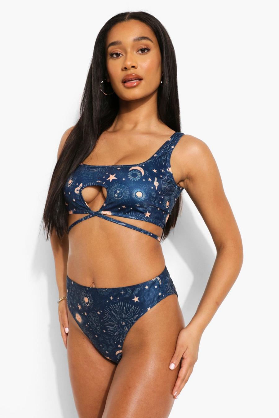 Blue Constellation Print Tie Scoop Bikini Top image number 1