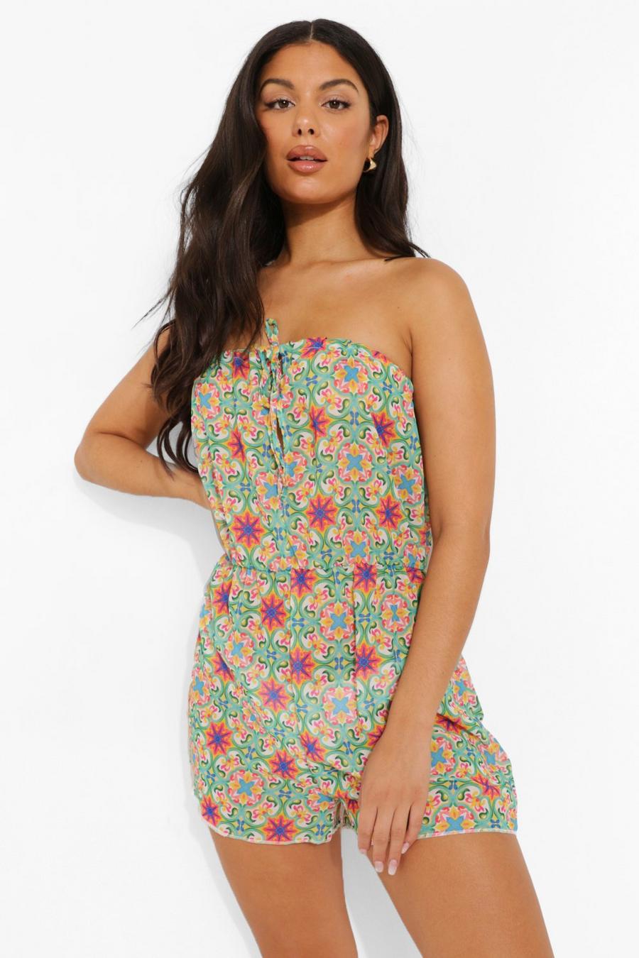 Green Tile Print Bandeau Woven Beach Romper image number 1