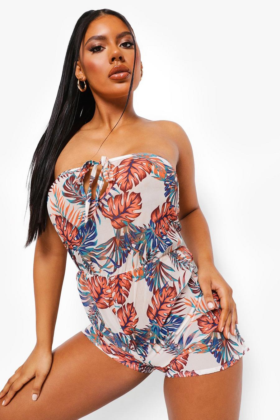 White Tropical Bandeau Woven Beach Playsuit image number 1