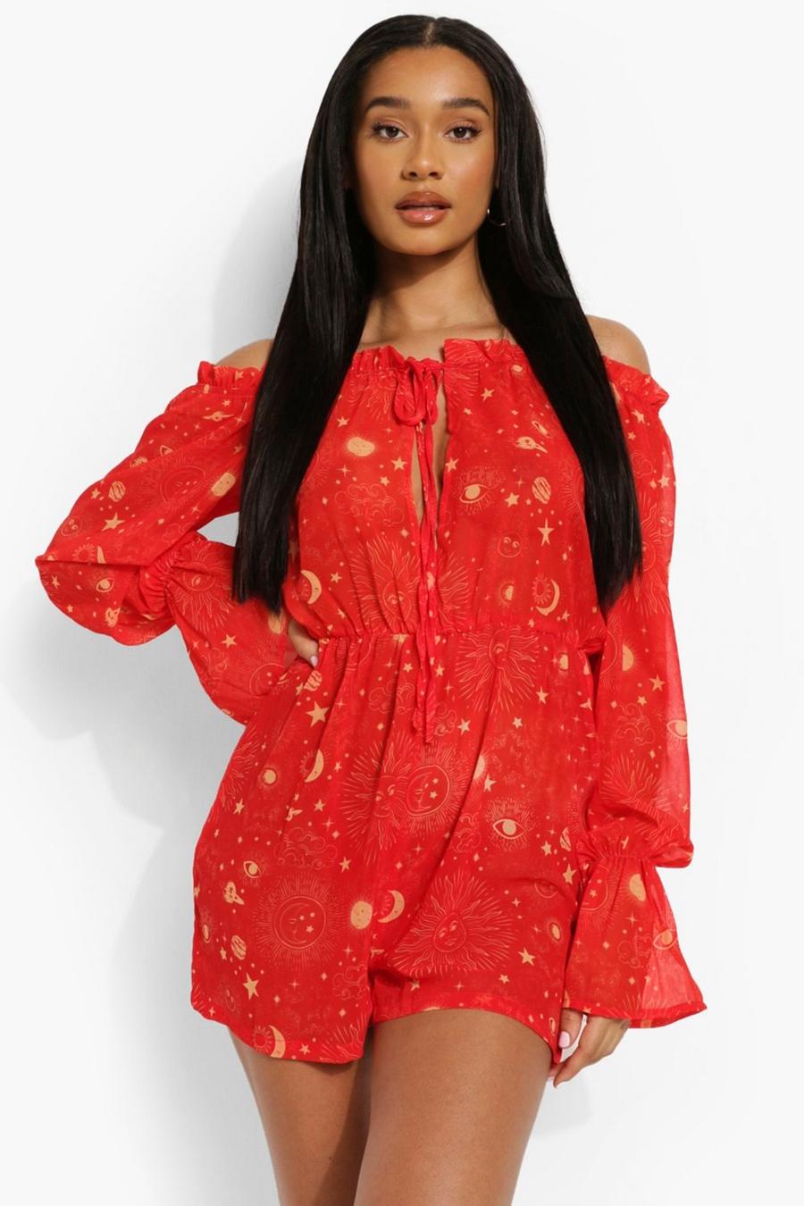 Red Constellation Print Beach Playsuit image number 1