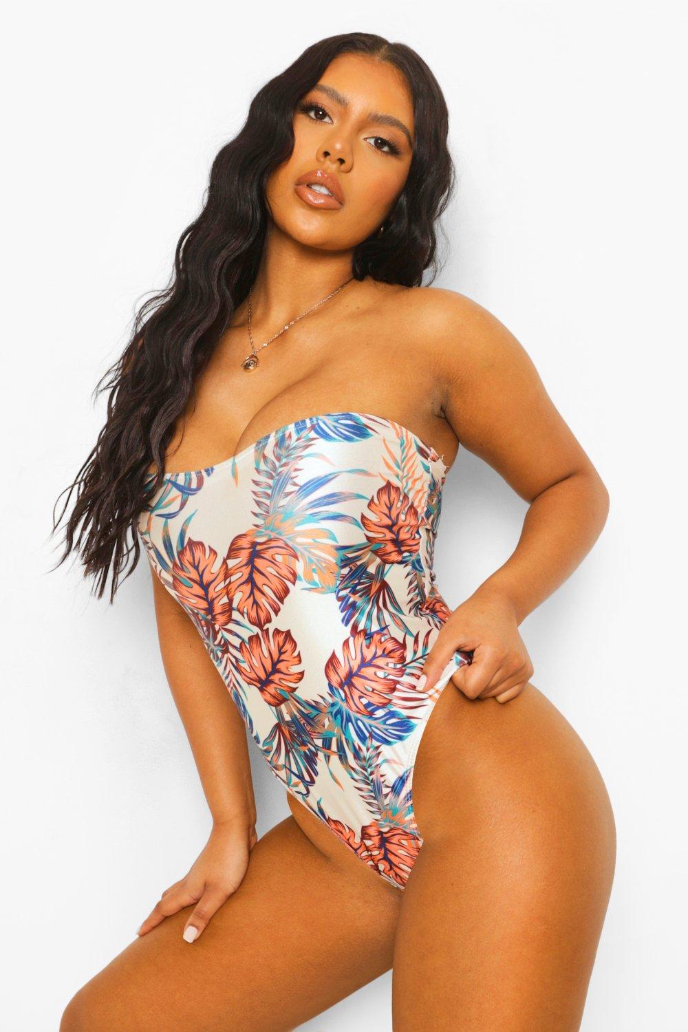 Tropical High Leg Bandeau Swimsuit boohoo