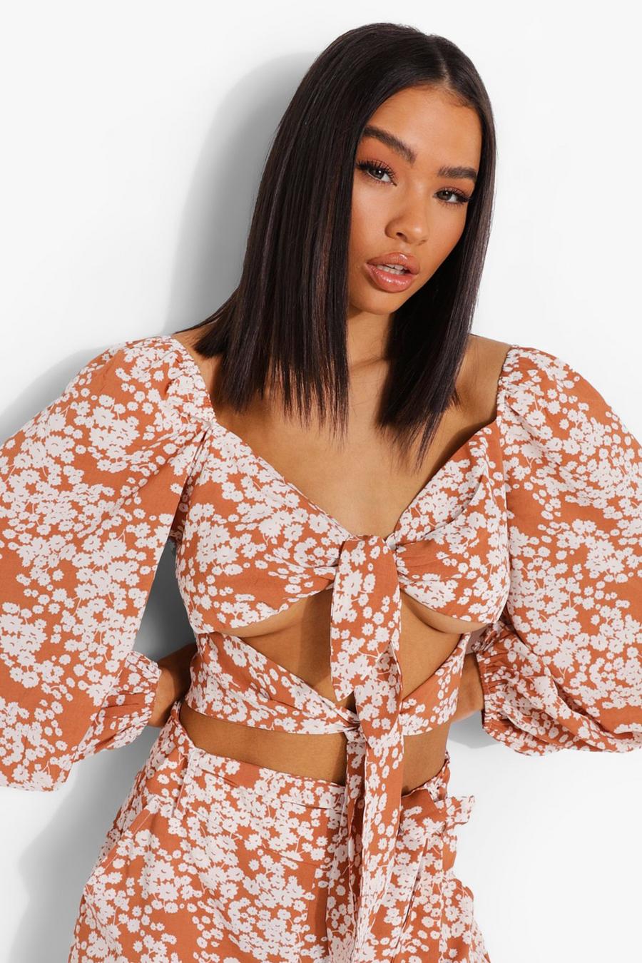 Rust Double Bow Balloon Sleeve Beach Crop Top image number 1