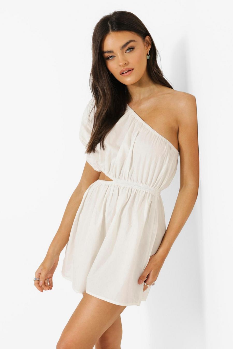 White One Shoulder Cut Out Detail Beach Playsuit image number 1
