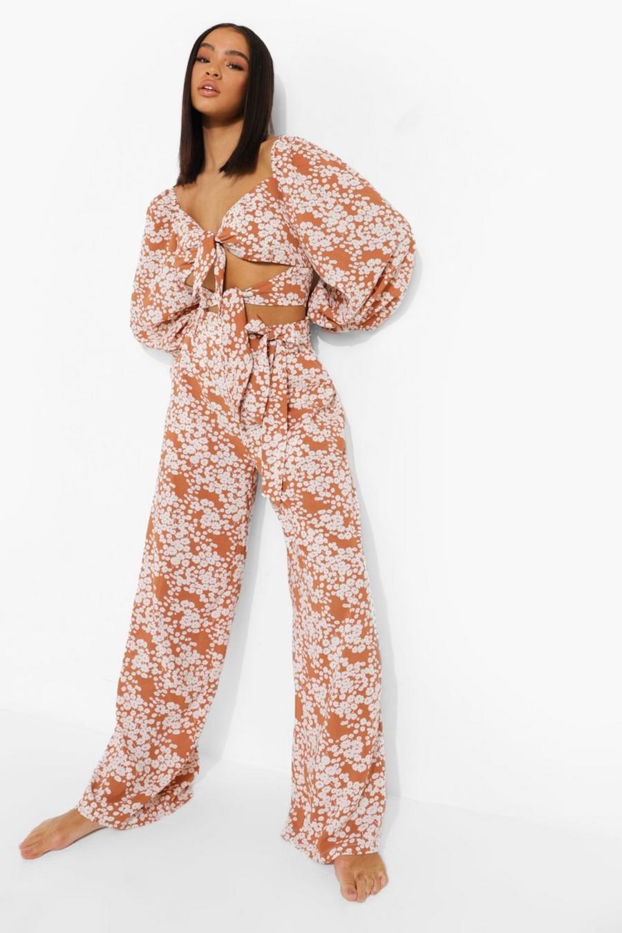 Rust Floral Wide Leg Beach Trouser image number 1