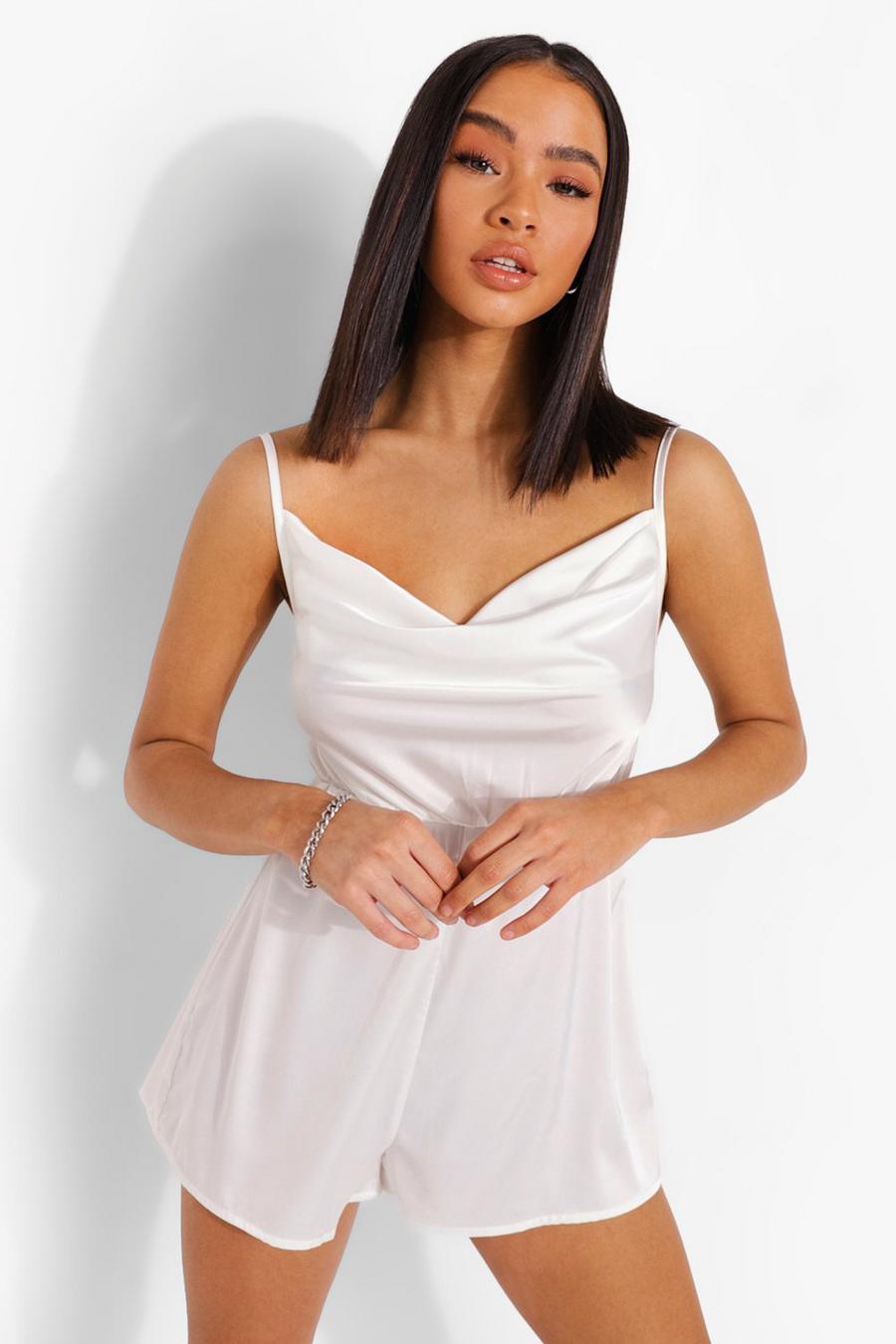 White Cowl Neck Open Back Beach Playsuit image number 1