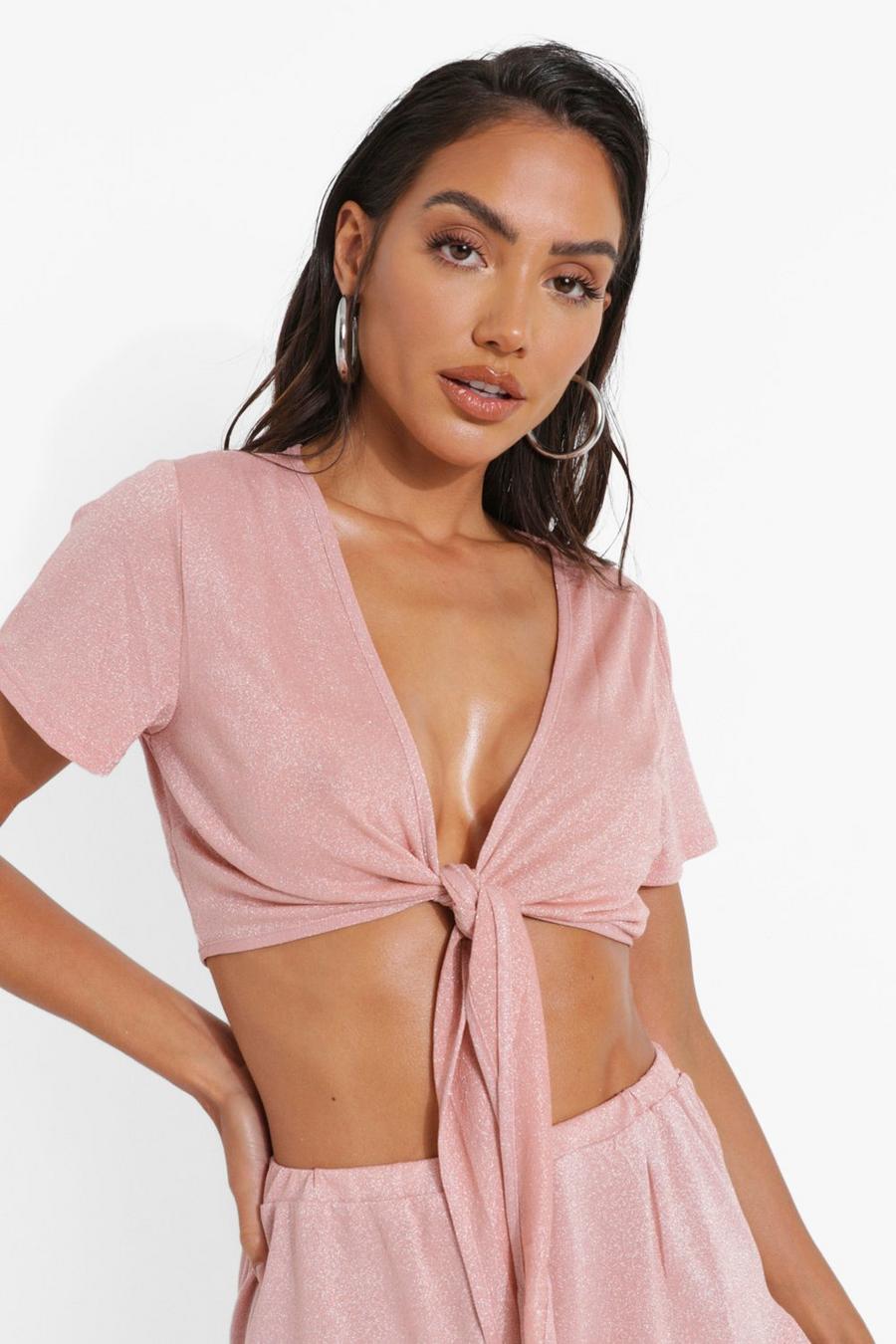 Rose gold Glitter Tie Front Beach Top image number 1