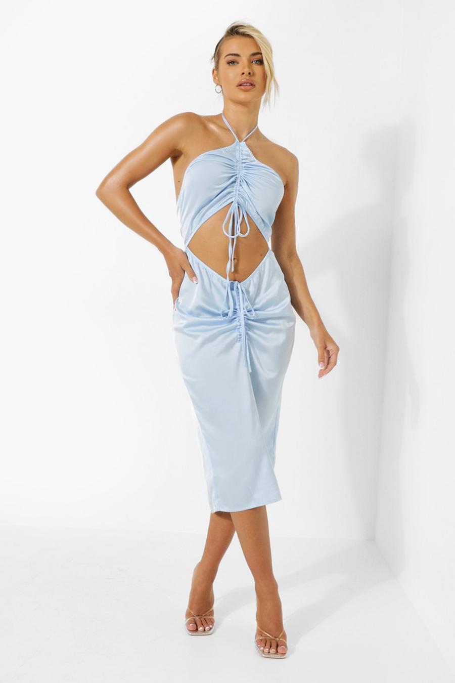 Blue Satin Cut Out Ruched Resort Midi Dress image number 1