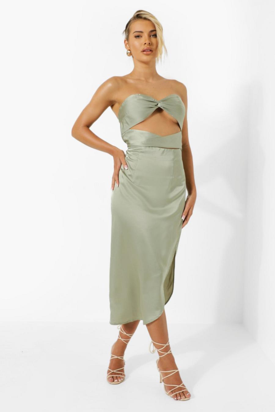 Green Satin Bandeau Knot Front Resort Midi Dress image number 1