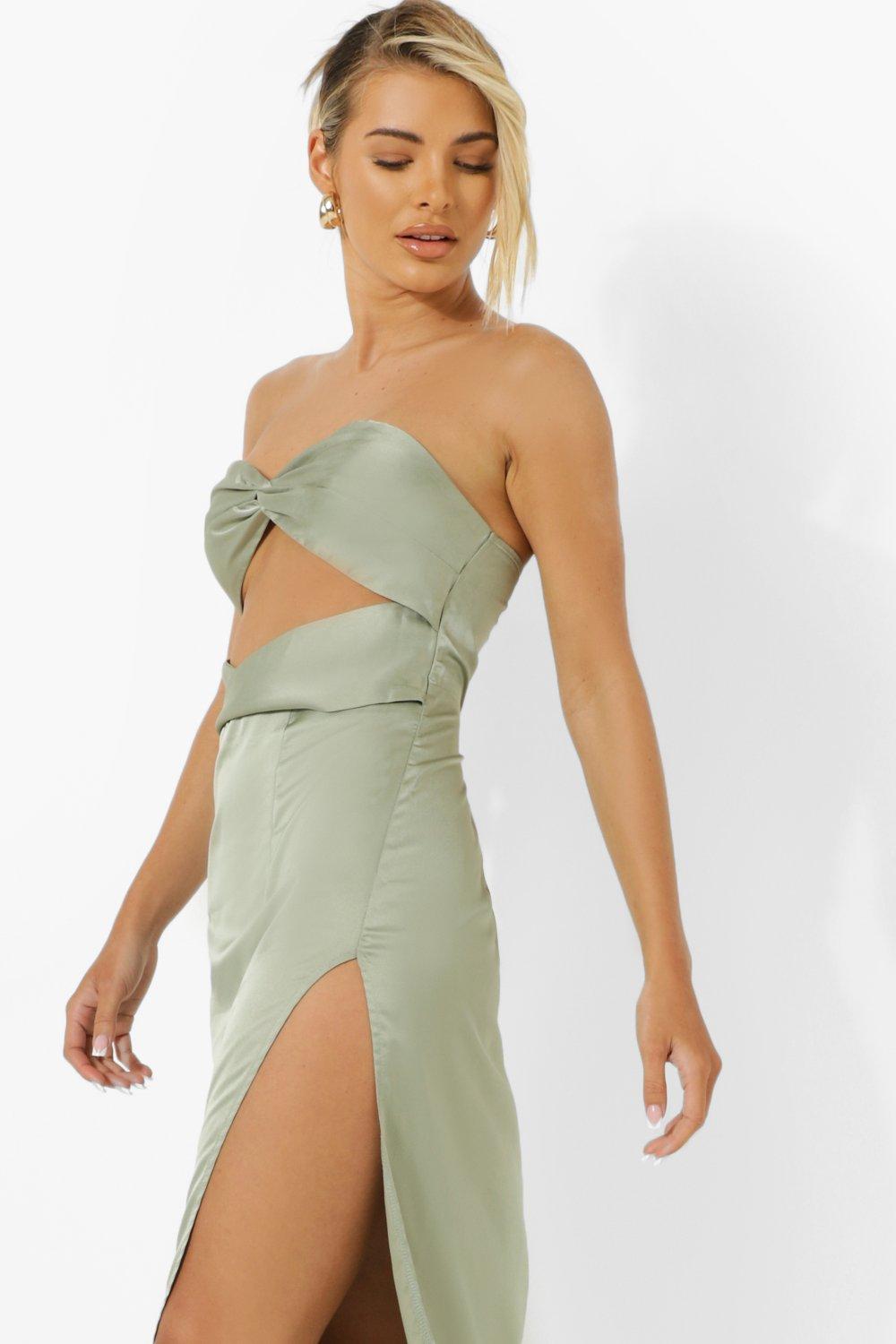 Satin Bandeau Knot Front Resort Midi Dress boohoo NZ