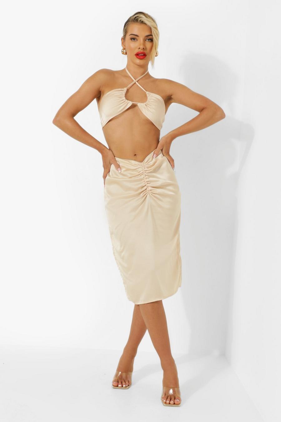 Champagne Satin Ruched Front Resort Midi Skirt image number 1