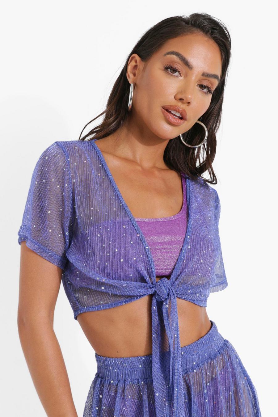 Blue Glitter Diamante Tie Front Beach Top image number 1