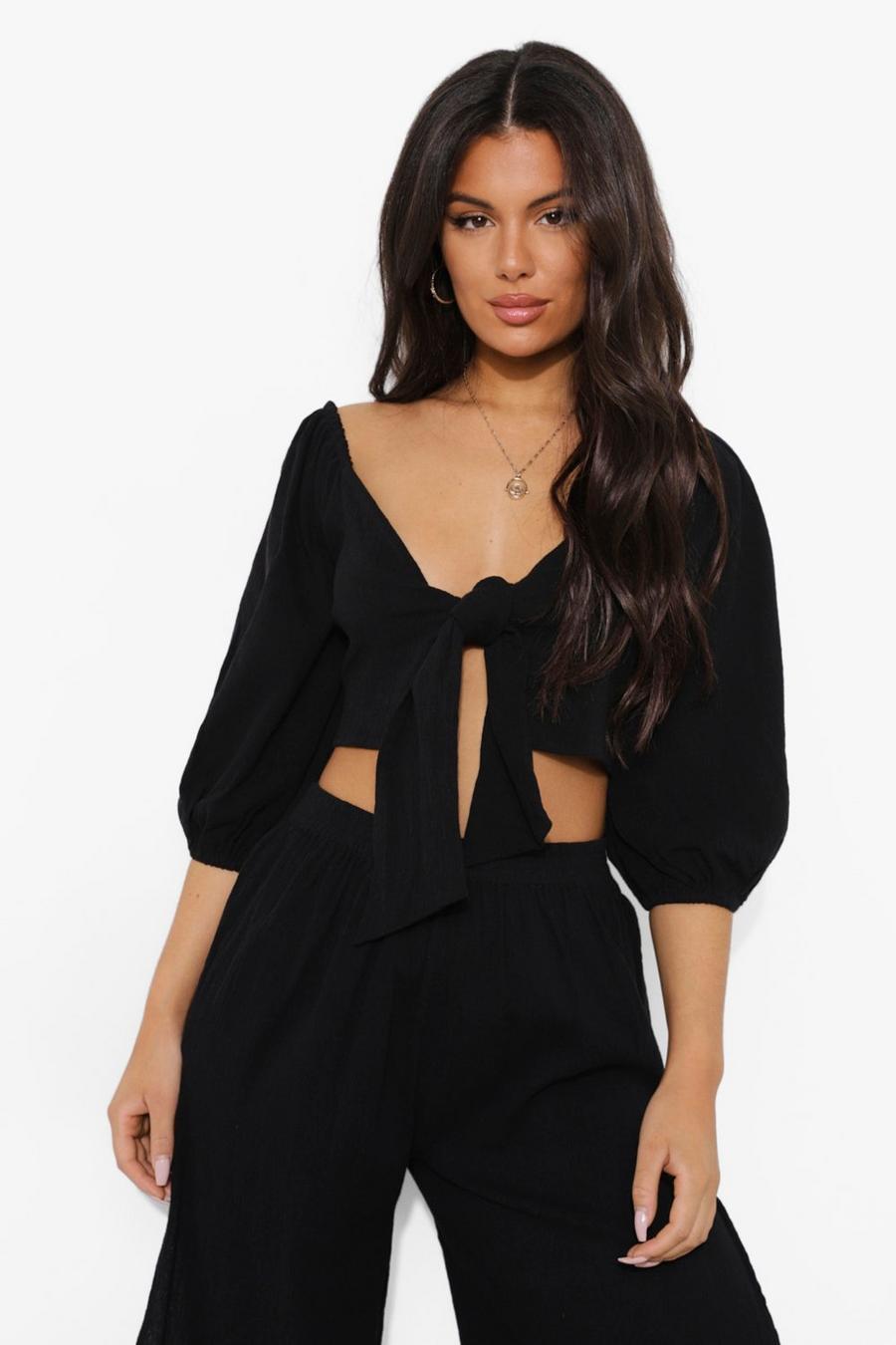 Black Cheesecloth Tie Front Crop Beach Shirt image number 1